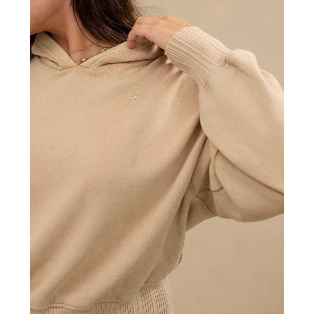 Aerie Bow Embroidered Hoodie XS Brown Tan Coquette Sweatshirt EUC